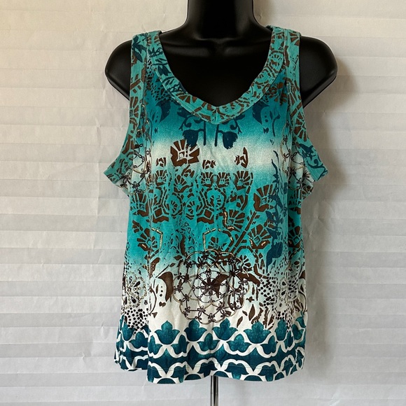 White Stag Tops - White Stag Women's Turquoise and Brown Patterned Tank Top Size XL
